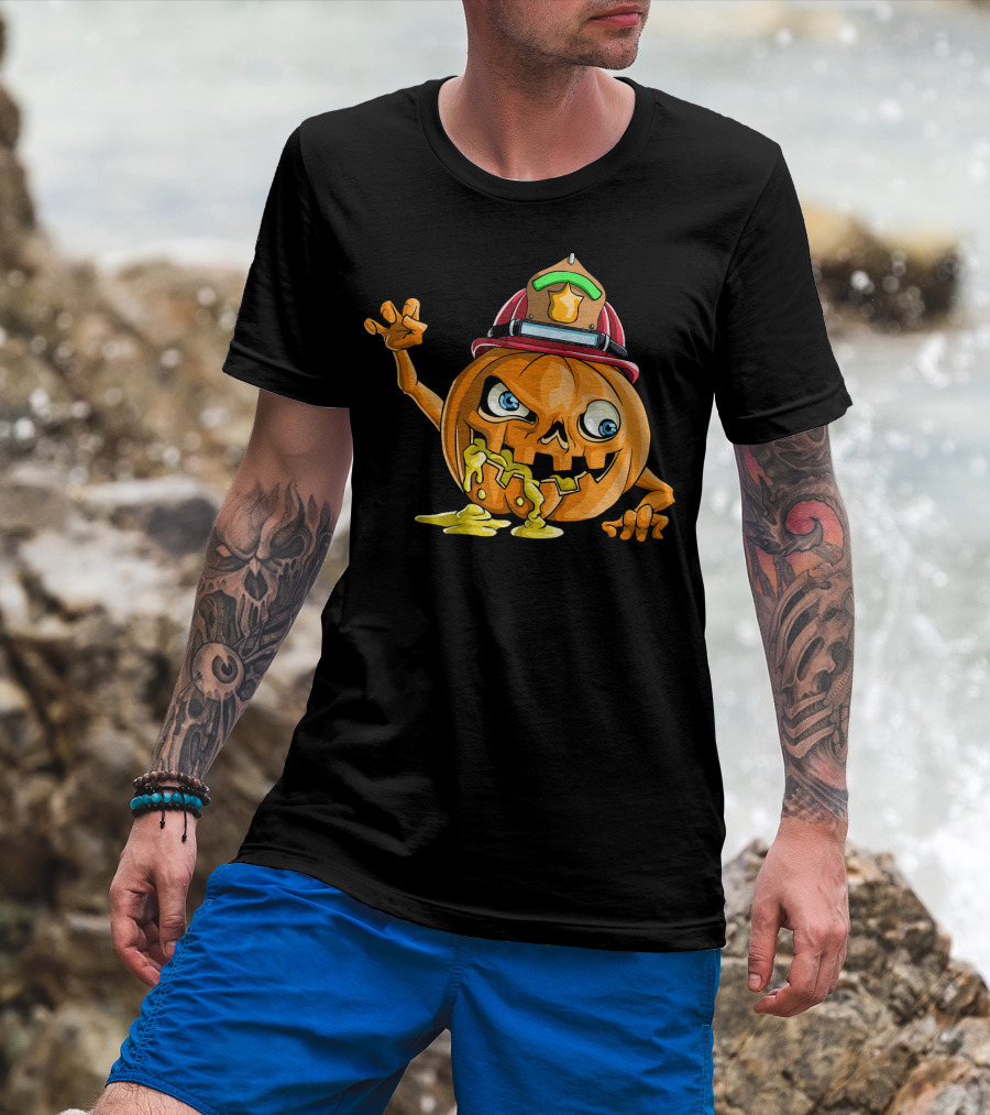Zombie Pumpkin Firefighter Halloween Jack-O'-Lantern With Fireman's Helmet T-Shirt