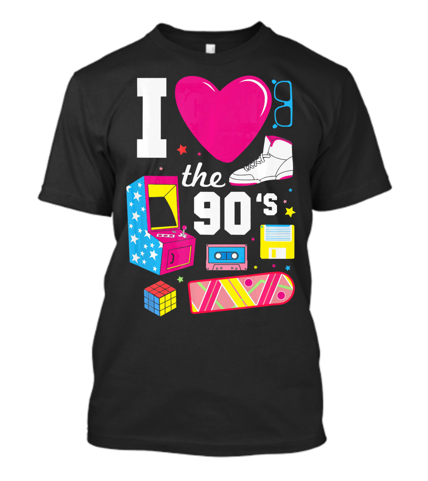 I Love The 90s Retro Arcade Cassette Sneaker Skateboard Rubik's Cube Floppy Disk T-Shirt