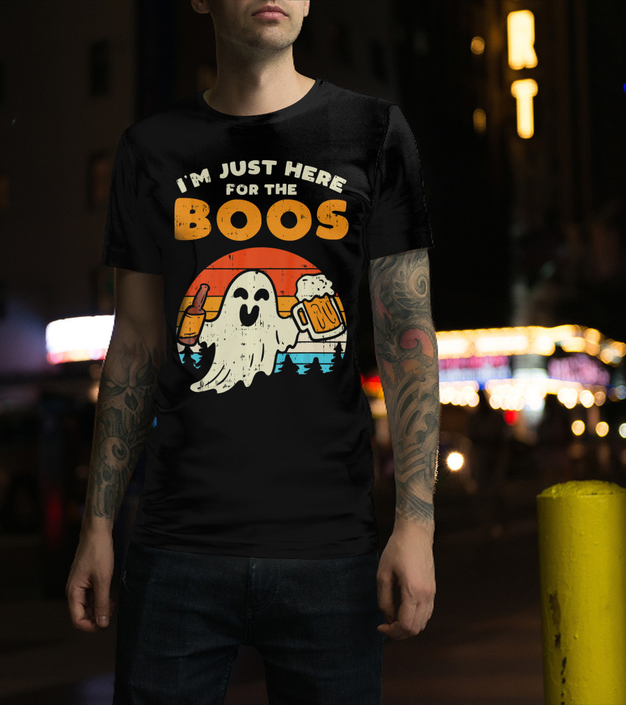 I'm Just Here For The Boos Retro Ghost With Drink And Bee T-Shirt
