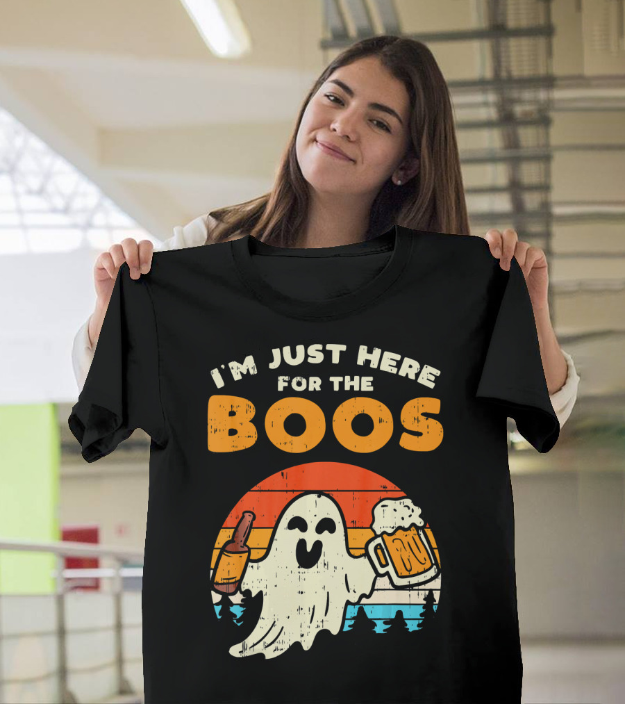 I'm Just Here For The Boos Retro Ghost with Drink and Bee T-Shirt
