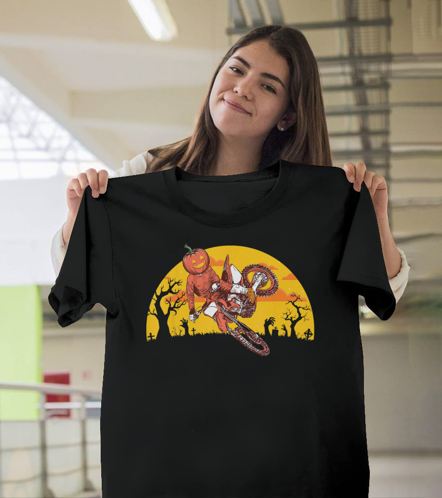 Halloween Pumpkin Head Motocross Trick With Haunted Trees And Sunset T-Shirt