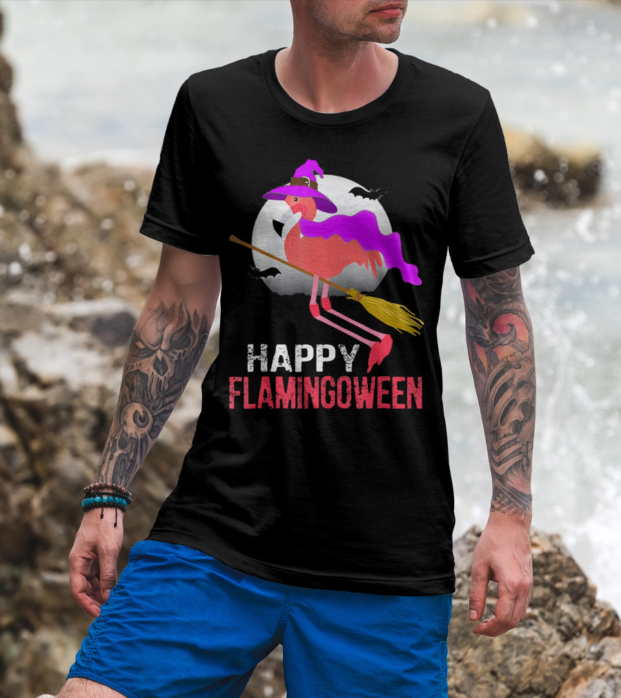 Happy Flamingoween Witch With Flamingo On Broomstick T-Shirt