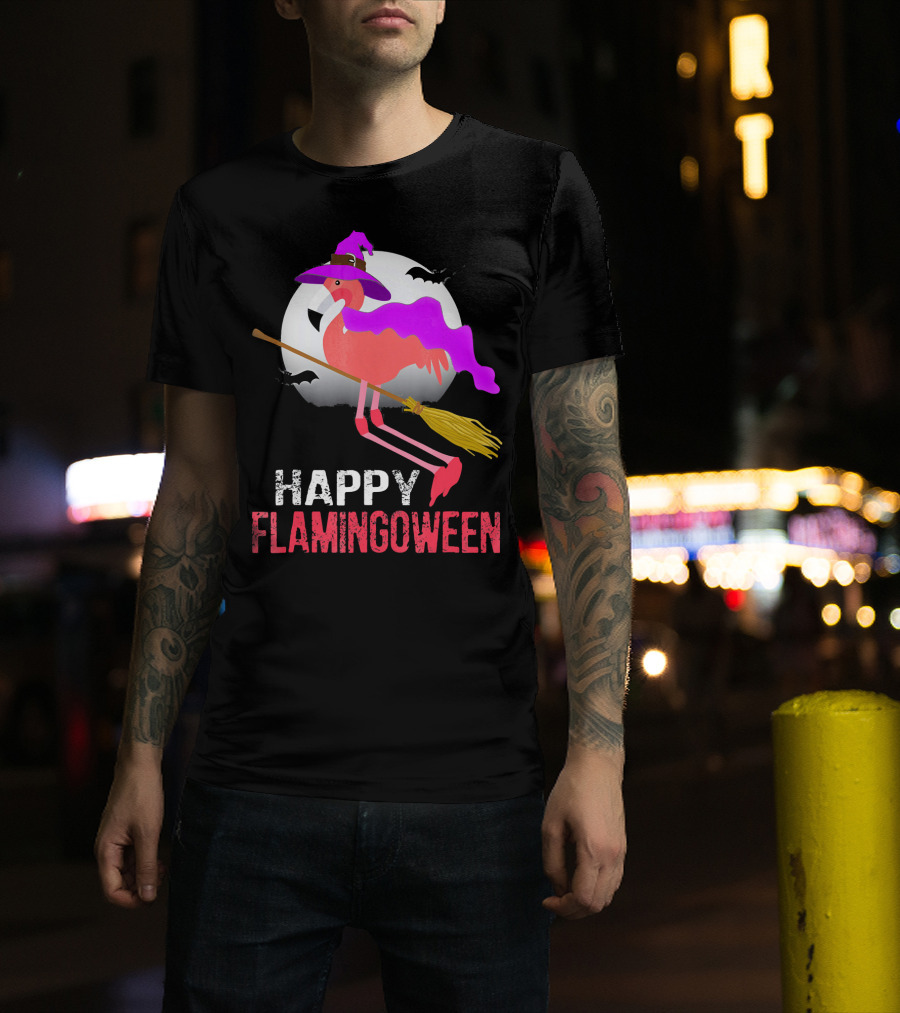 Happy Flamingoween Witch With Flamingo On Broomstick T-Shirt