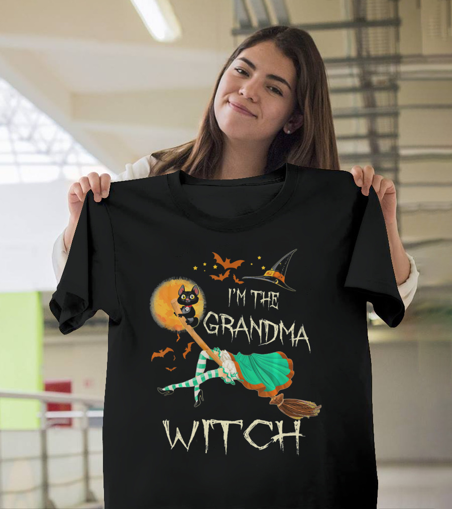 I'm The Grandma Witch Broomstick Flying Black Cat Halloween Bats T-Shirt