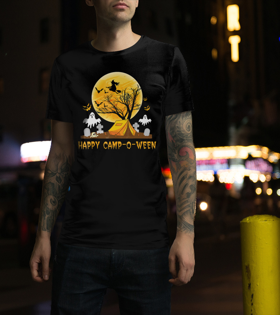 Happy Camp-O-Ween Witch Ghosts Halloween Camping Graveyard Moon T-Shirt