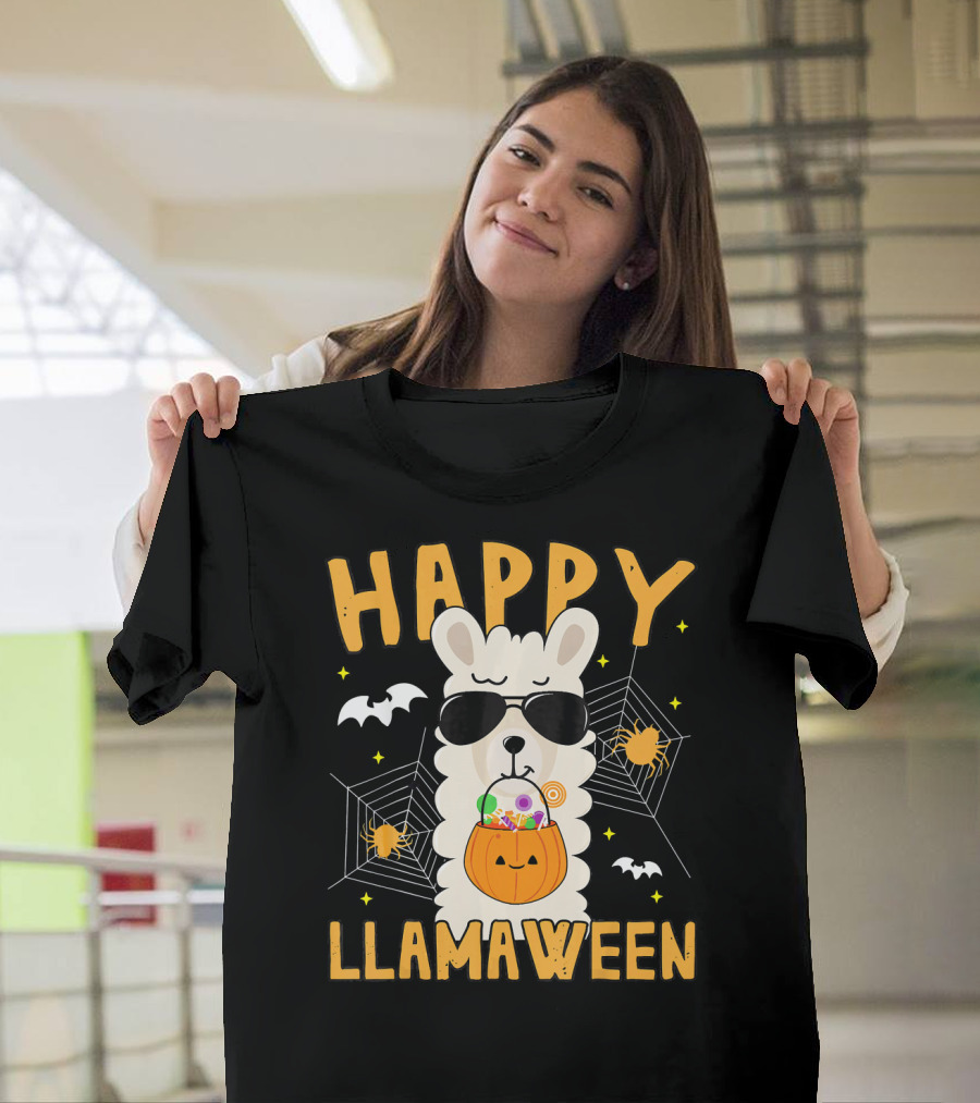 Happy Llamaween Halloween Llama with Sunglasses and Candy Basket T-Shirt