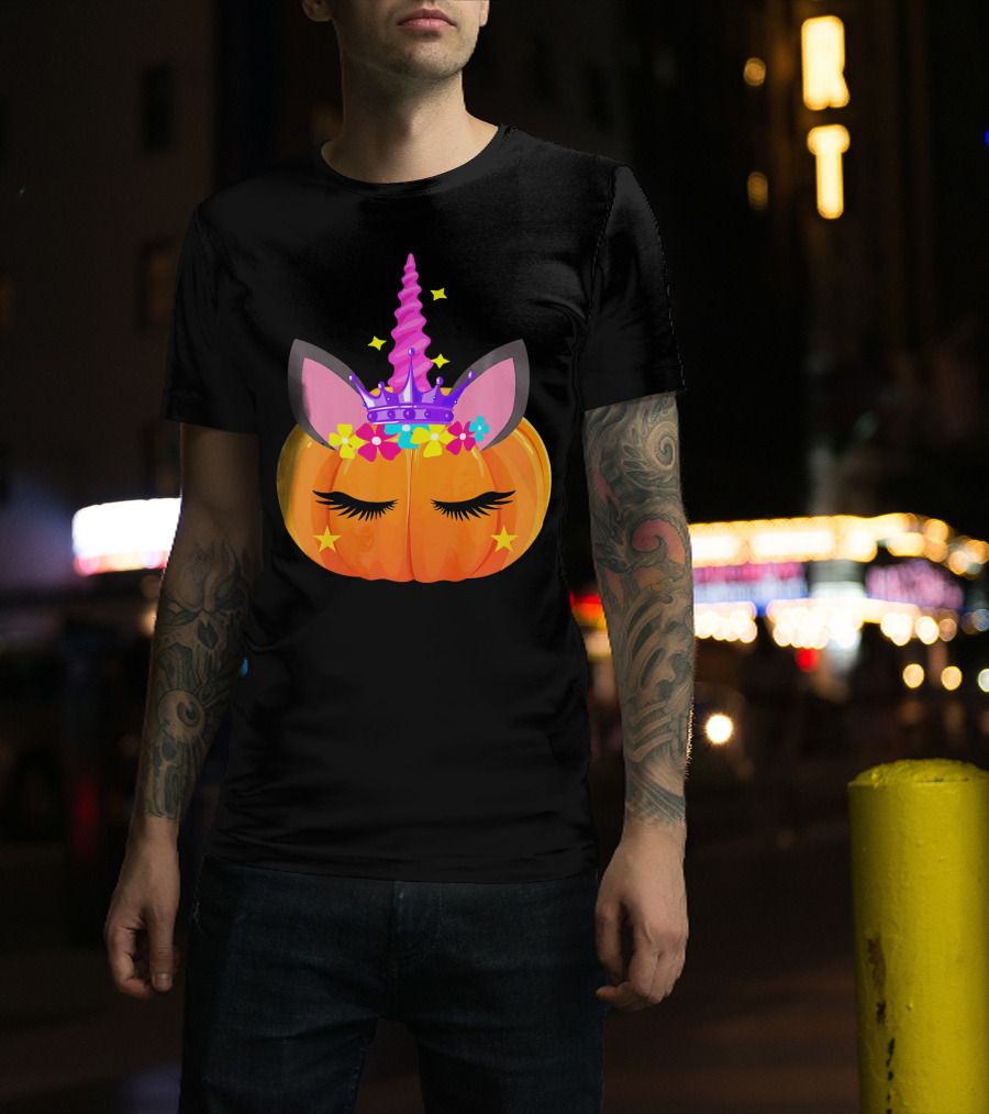 Halloween Pumpkin Unicorn With Floral Crown And Stars T-Shirt