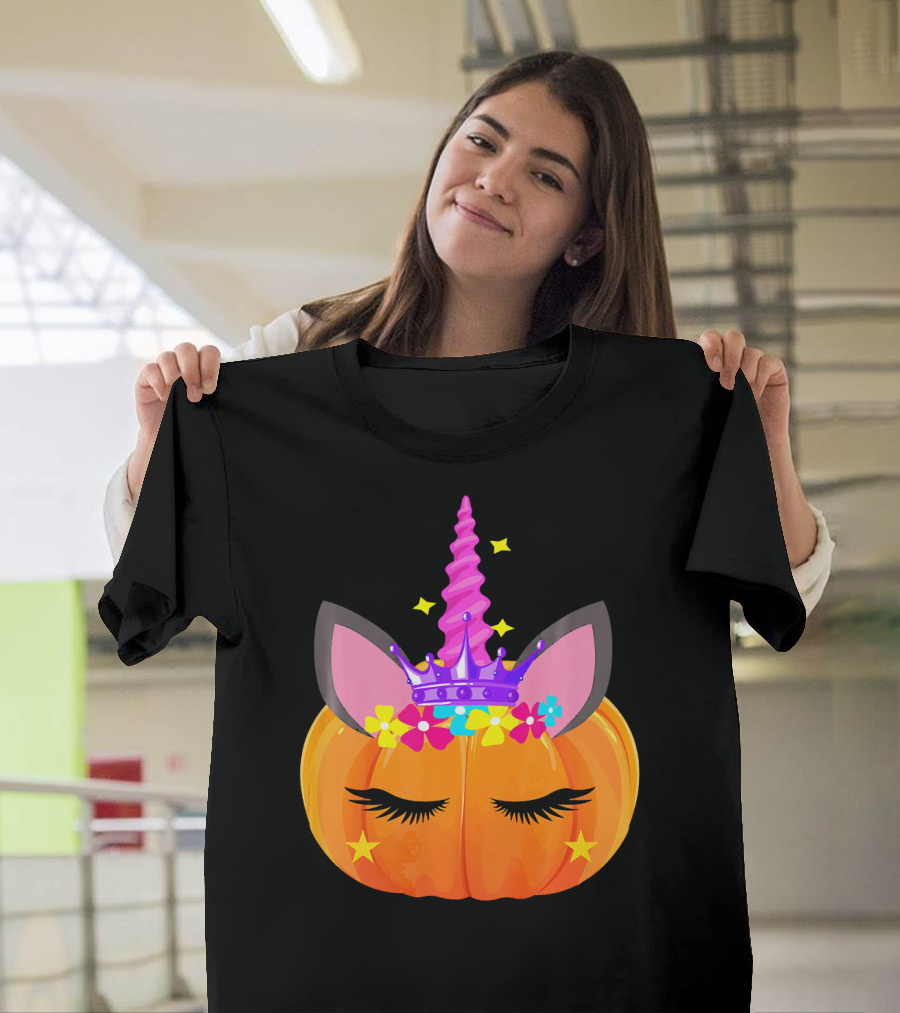 Halloween Pumpkin Unicorn With Floral Crown And Stars T-Shirt