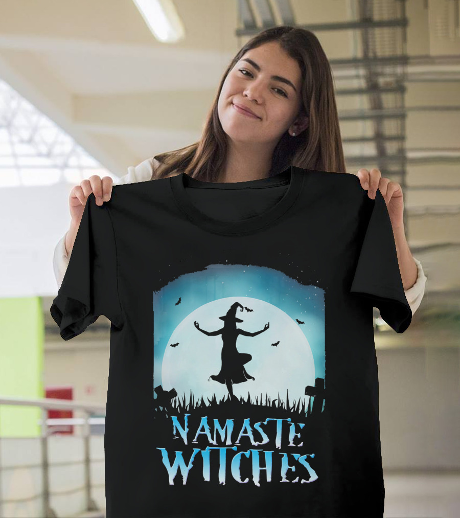 Namaste Witches Yoga Moonlit Halloween Scene with Dancing Witch and Bats T-Shirt