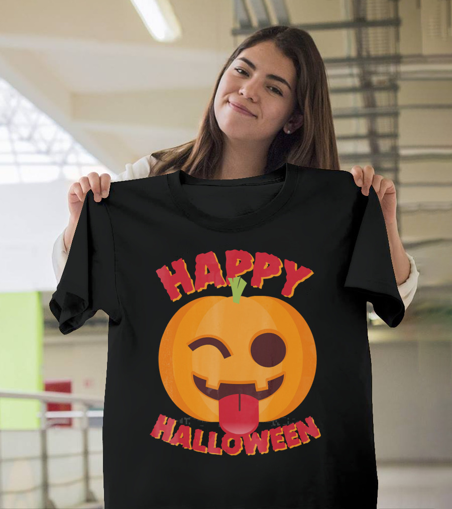 Happy Halloween Emoji Pumpkin Face with Tongue Out T-Shirt