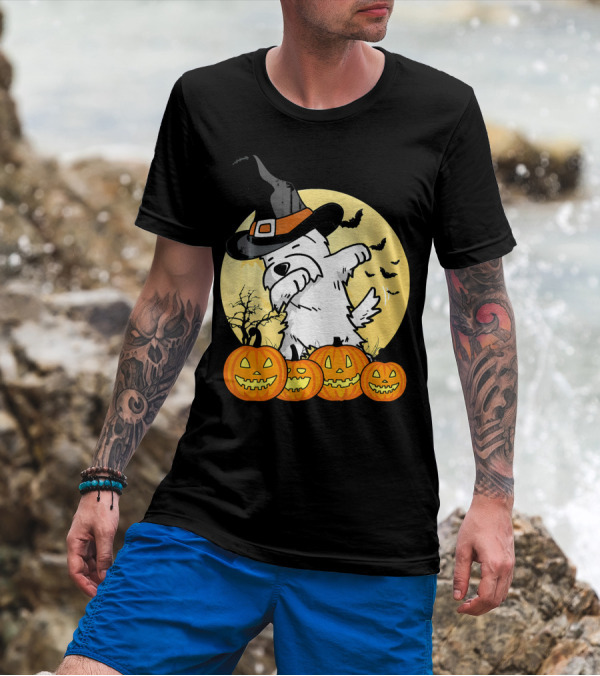 Funny Dabbing Westie Witch With Pumpkins And Bats Halloween Dog Dance T-Shirt