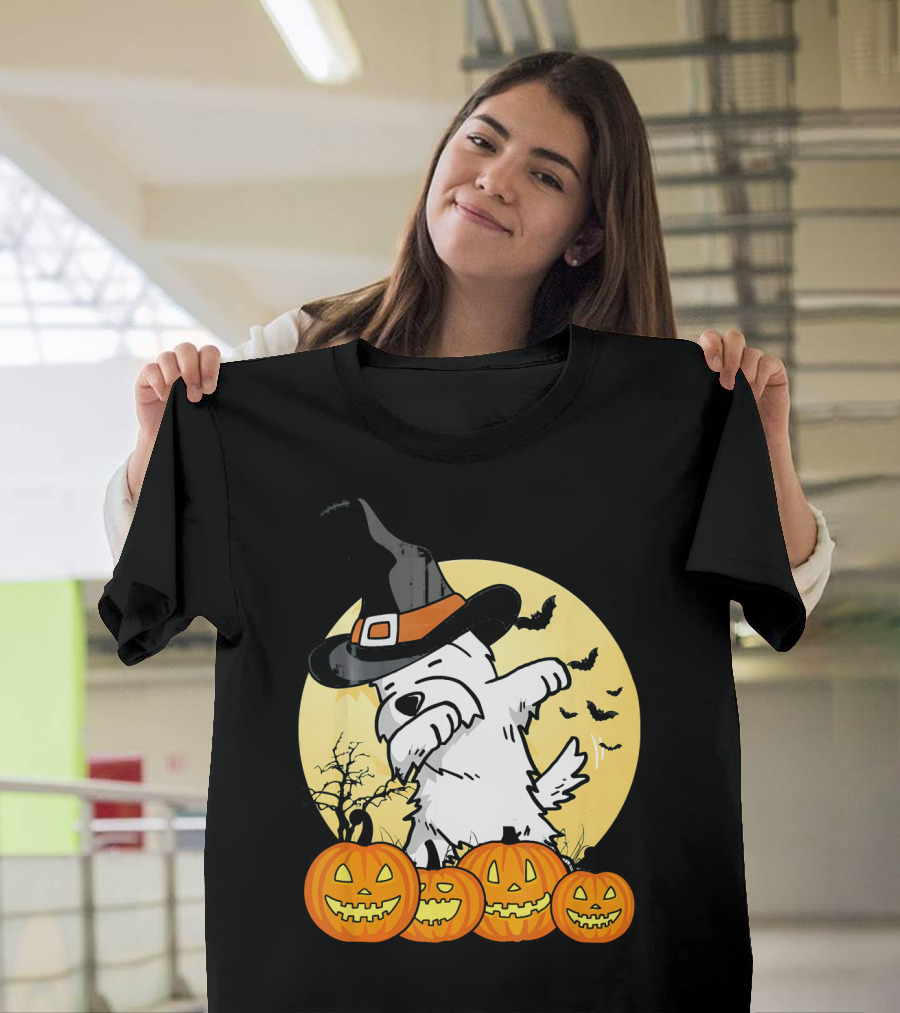 Funny Dabbing Westie Witch with Pumpkins and Bats Halloween Dog Dance T-Shirt