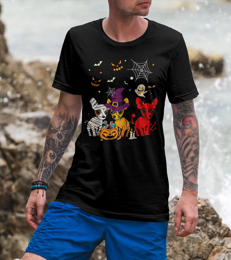Three Chihuahuas Halloween Mummy Witch Devil T-Shirt