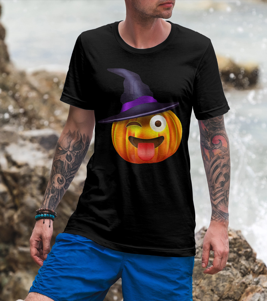Halloween Costume Emoji Pumpkin Witch Hat Face T-Shirt