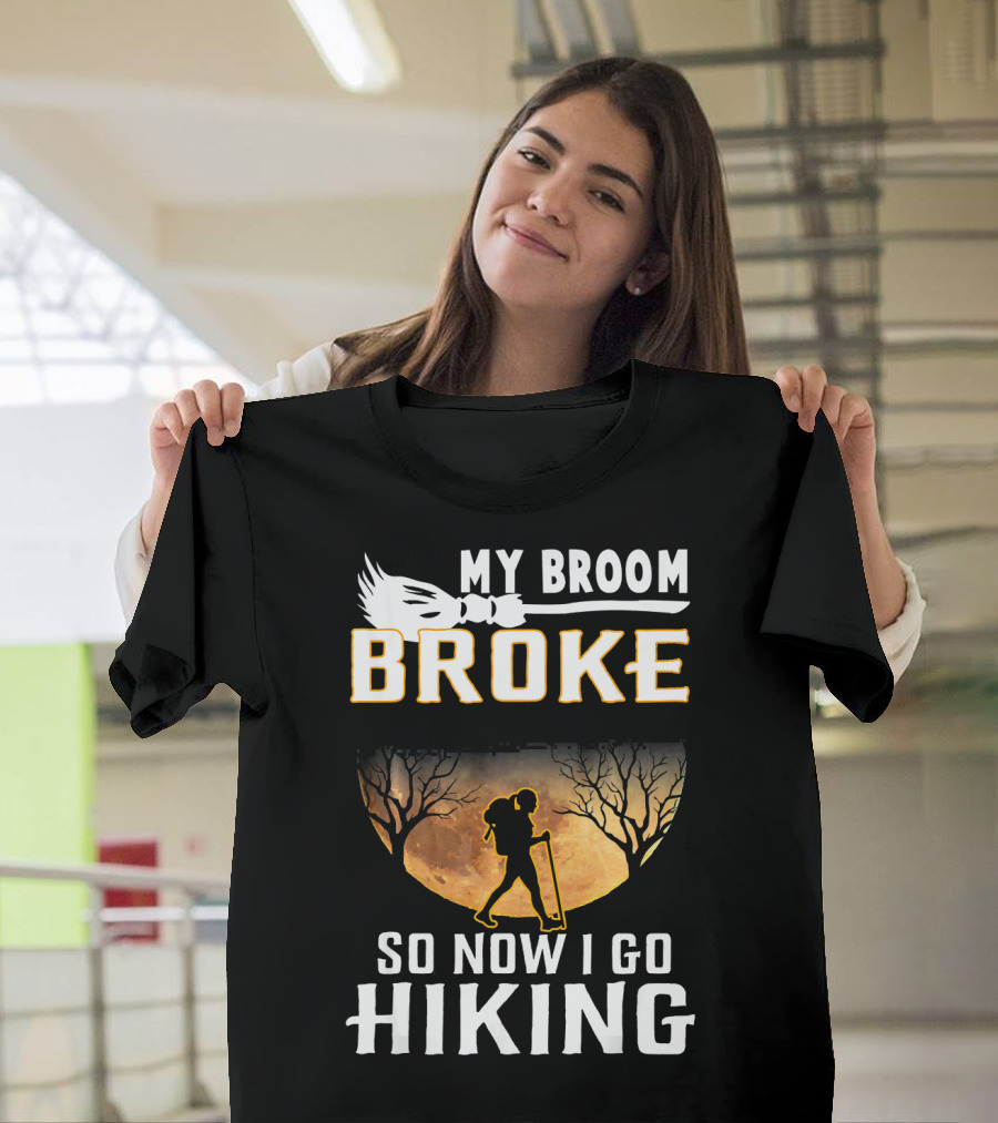 My Broom Broke So Now I Go Hiking Full Moon Silhouette Adventure T-Shirt
