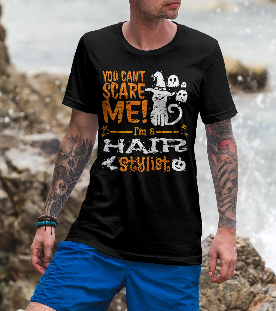 You Can't Scare Me I'm A Hair Stylist Halloween Cat And Ghosts T-Shirt