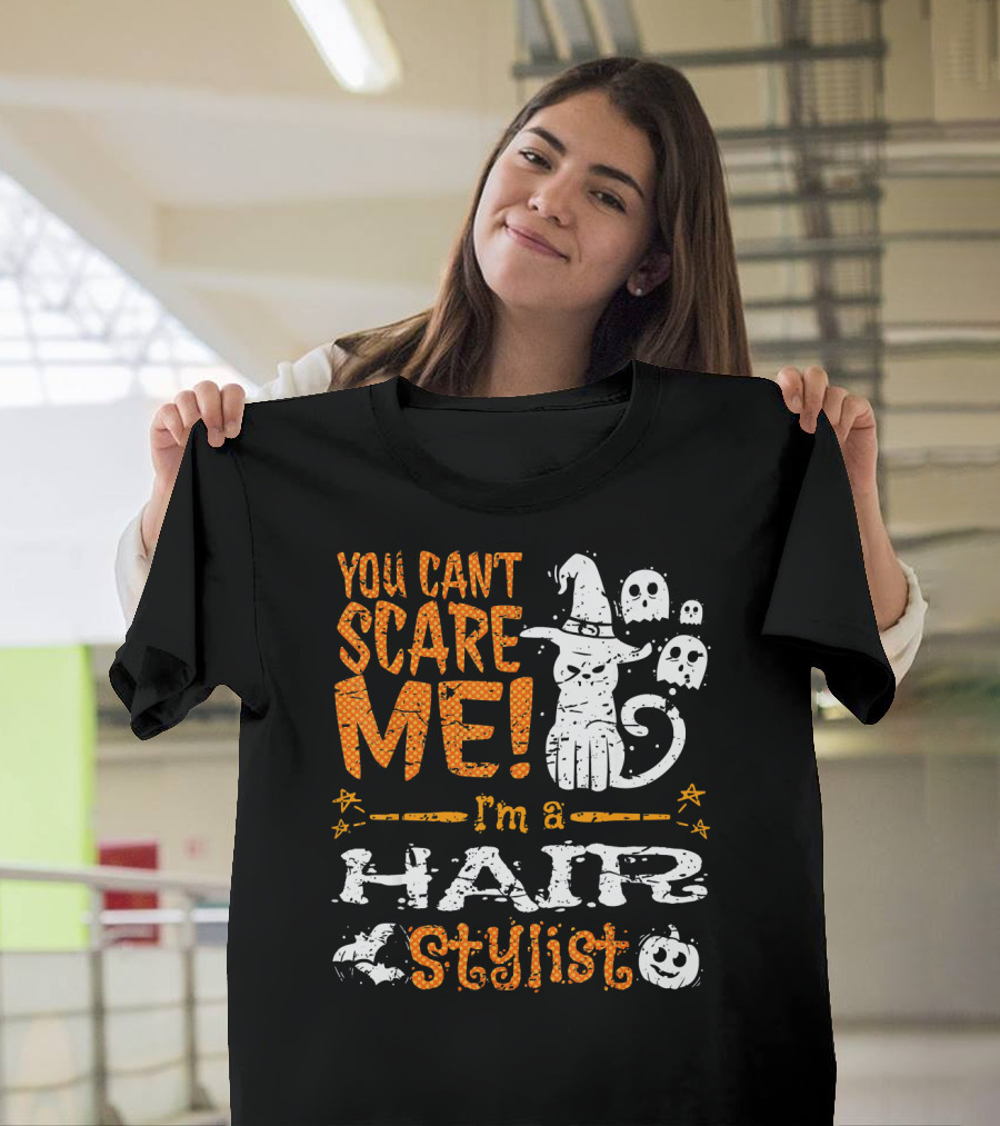 You Can't Scare Me I'm A Hair Stylist Halloween Cat And Ghosts T-Shirt