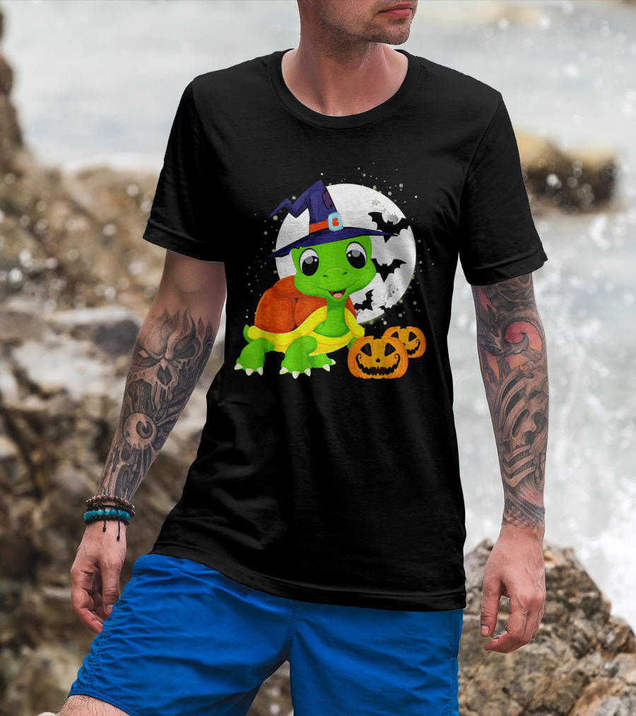 Turtle Witch Halloween Pumpkin Moon And Bats T-Shirt