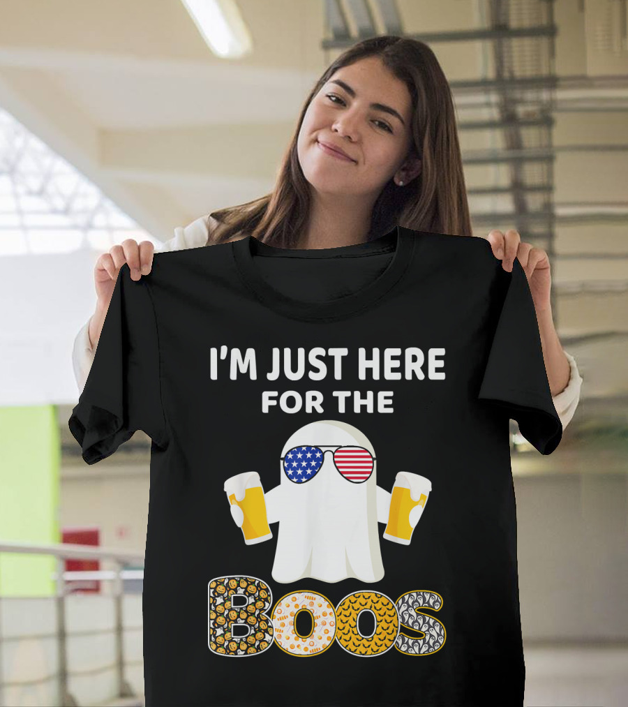I'm Just Here for the Boos Ghost with American Flag Sunglasses and Beer T-Shirt