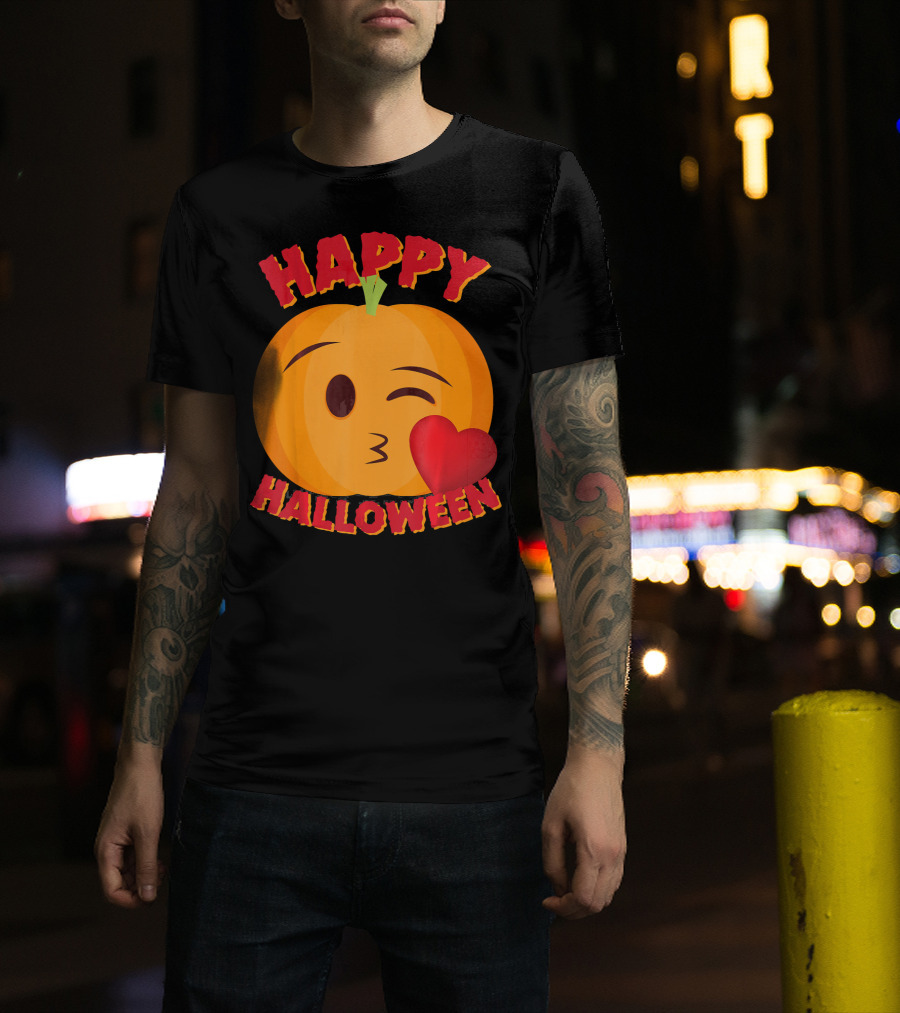 Happy Halloween Blowing Kiss Emoji Pumpkin T-Shirt