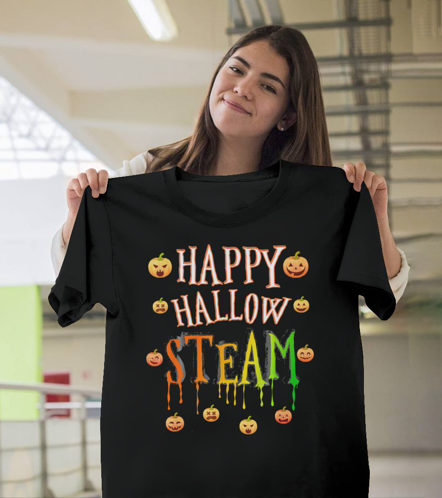 HAPPY HALLOW STEAM Pumpkin Faces Orange Green Dripping Letters T-Shirt