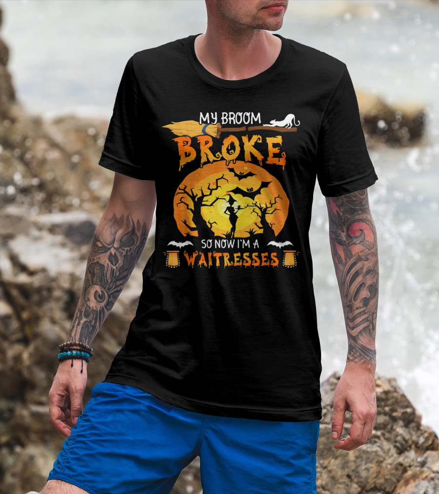 My Broom Broke So Now I'm A Waitresses Halloween Witch Moon Cat Lanterns T-Shirt