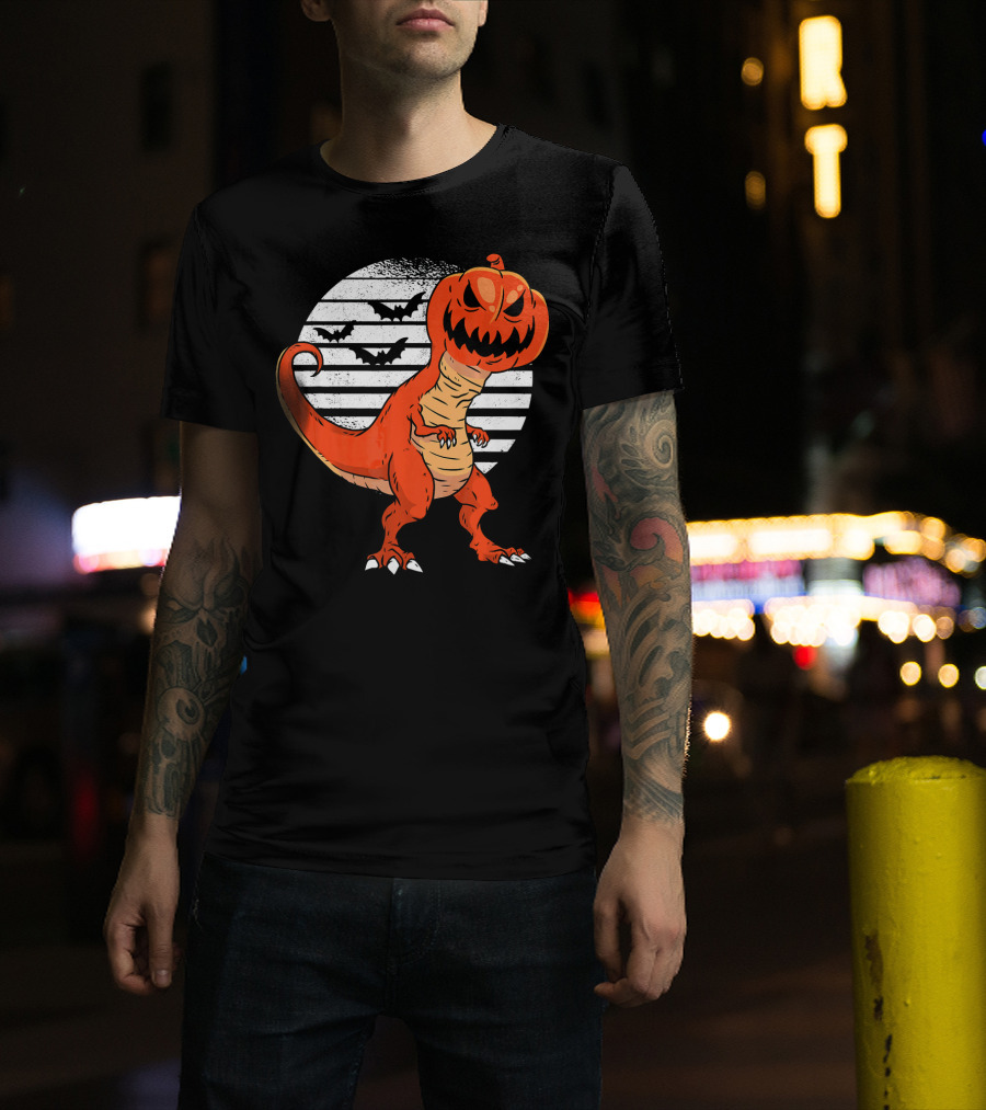 Funny Dinosaur Pumpkin Head Halloween With Bats T-Shirt