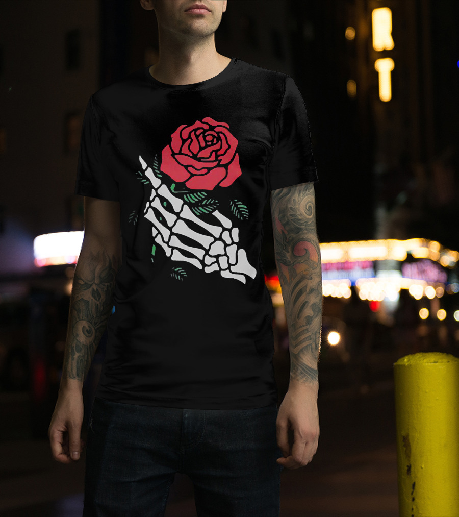 Rose White Skeleton Hand Holding Red Rose T-Shirt