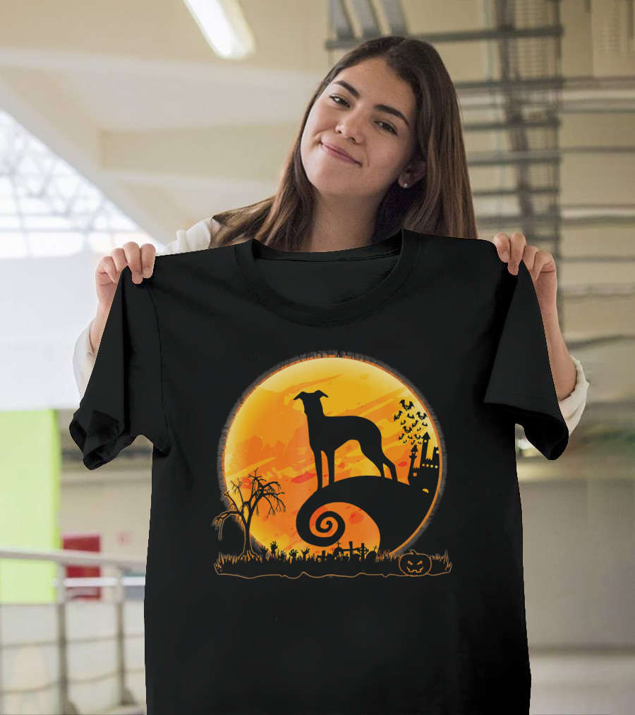 Italian Greyhound Dog Silhouette On Halloween Moon Night T-Shirt