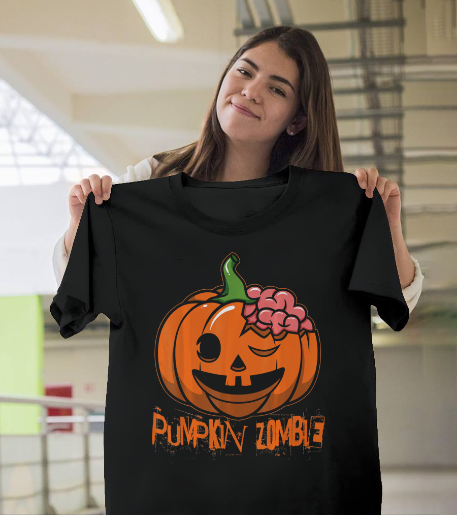 Pumpkin Zombie Halloween Horror Winking Jack O'Lantern With Brain T-Shirt
