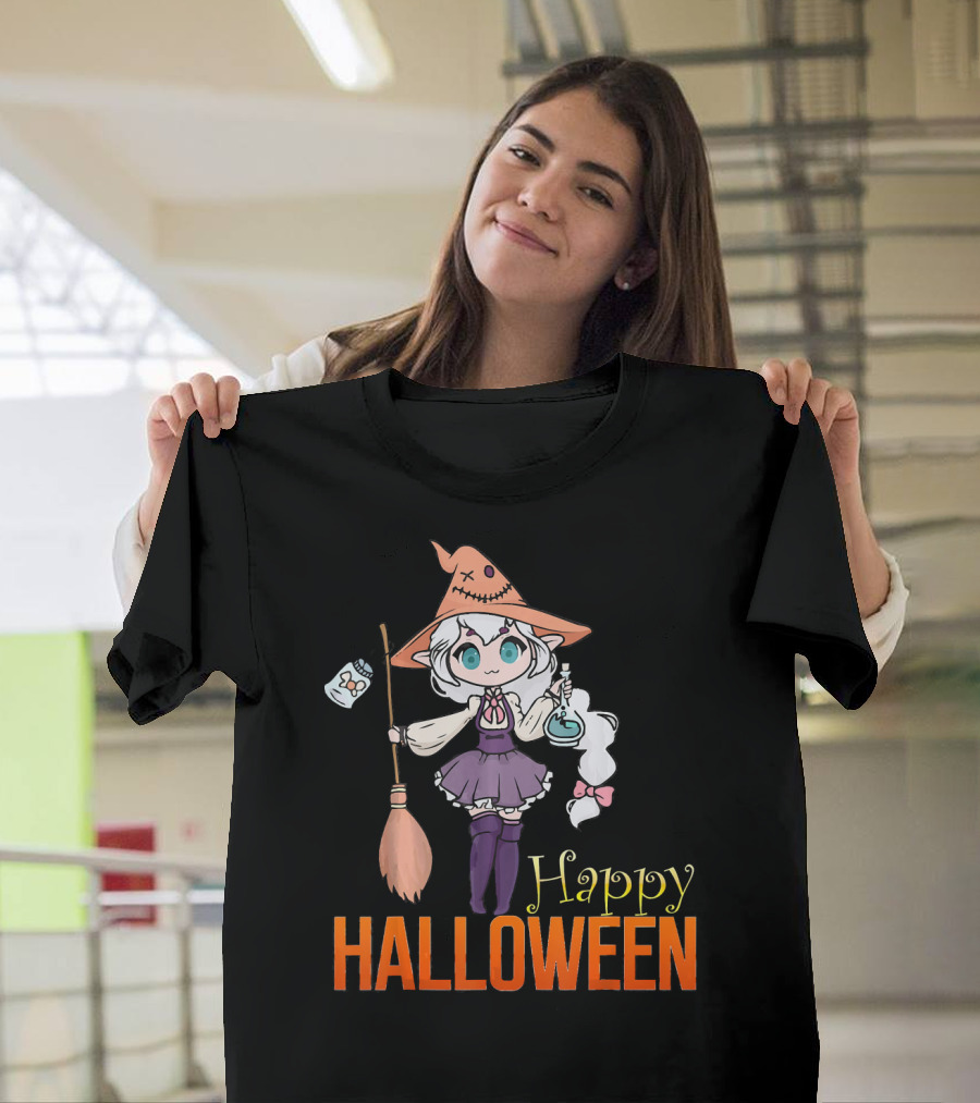 Happy Halloween Witch Anime Girl Cute Magic Potions And Broom T-Shirt