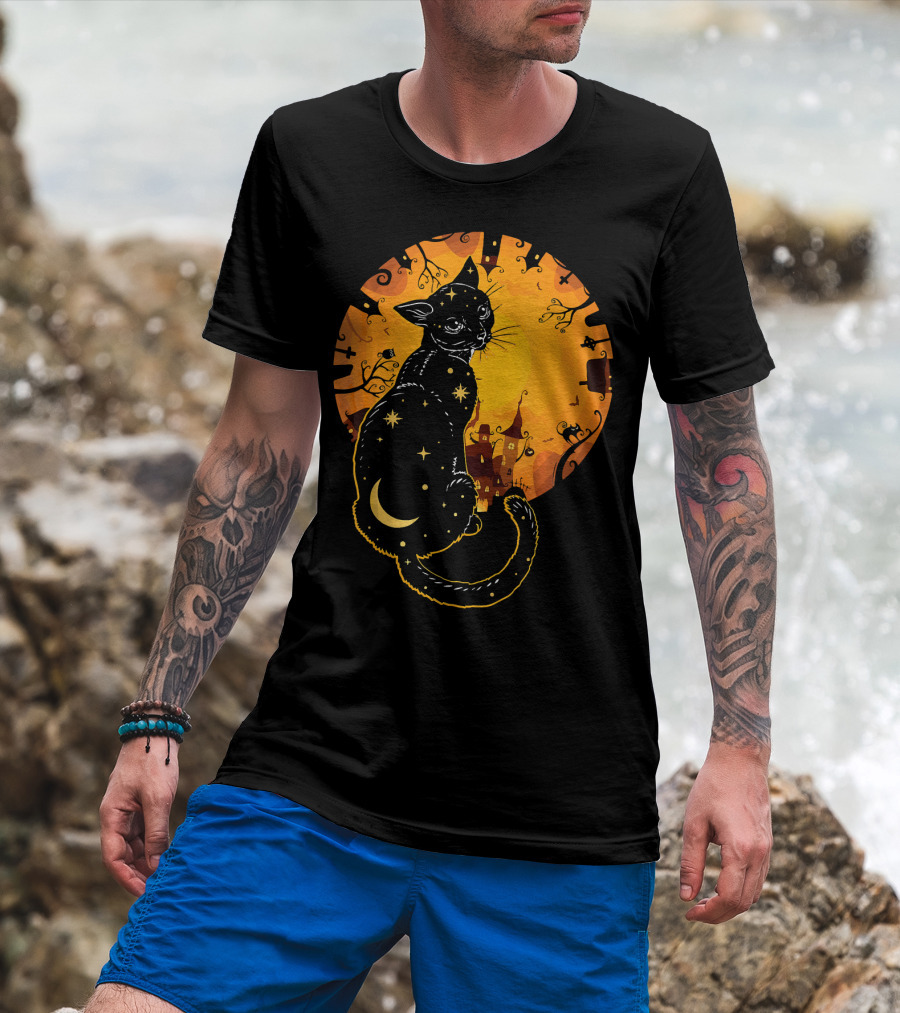 Halloween Black Cat With Stars And Moon In Haunted Landscape T-Shirt