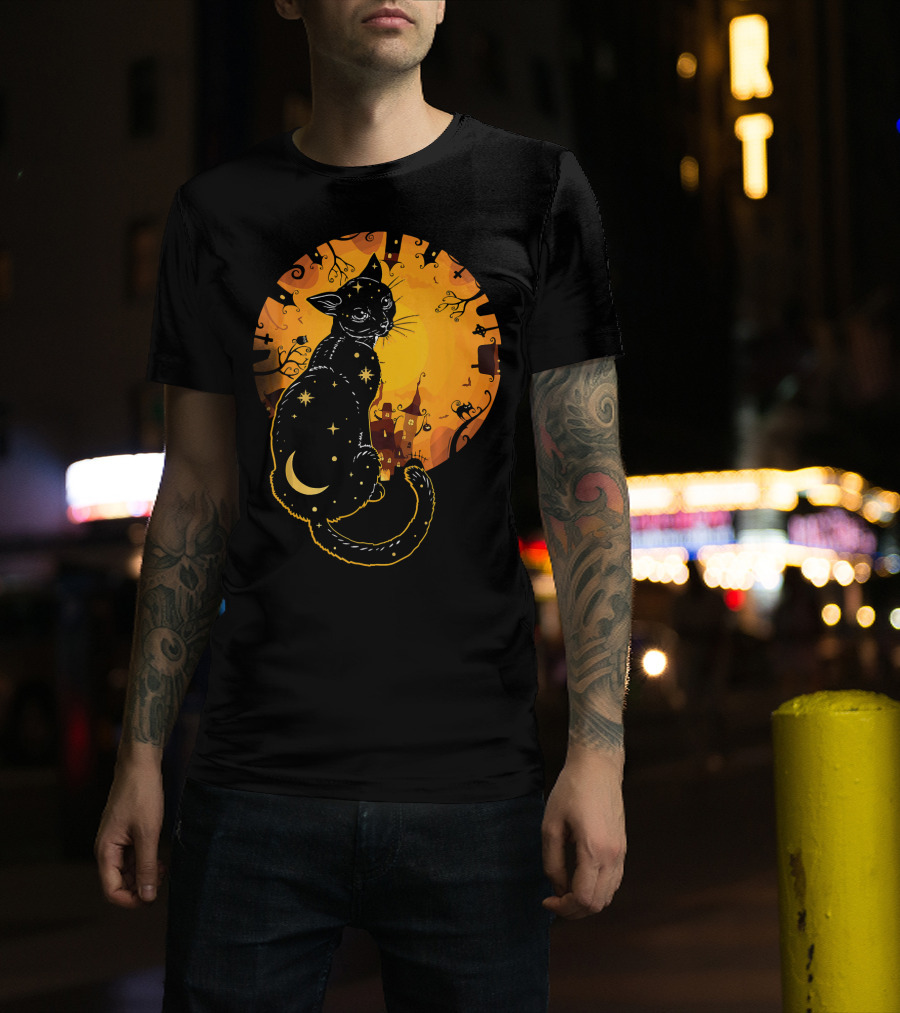 Halloween Black Cat With Stars And Moon In Haunted Landscape T-Shirt