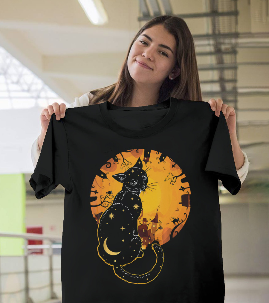 Halloween Black Cat With Stars And Moon In Haunted Landscape T-Shirt