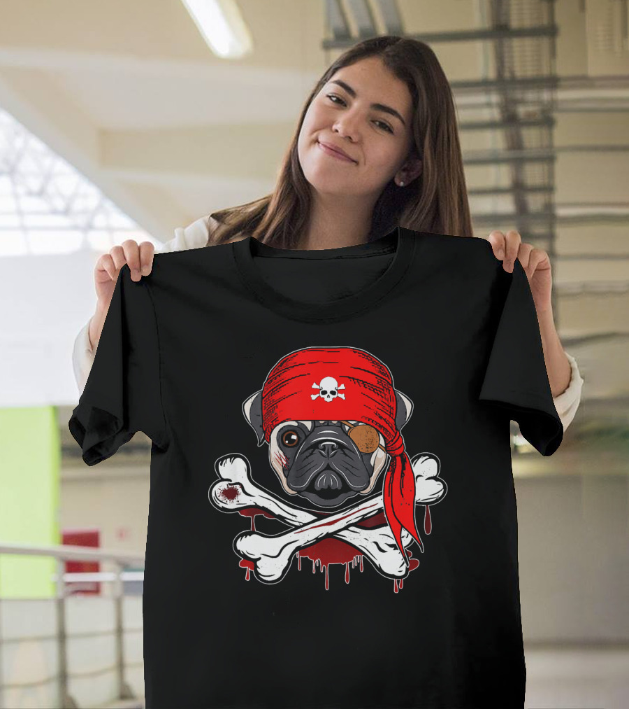 Funny Pirate Pug Dog With Skull Bandana And Crossbones T-Shirt