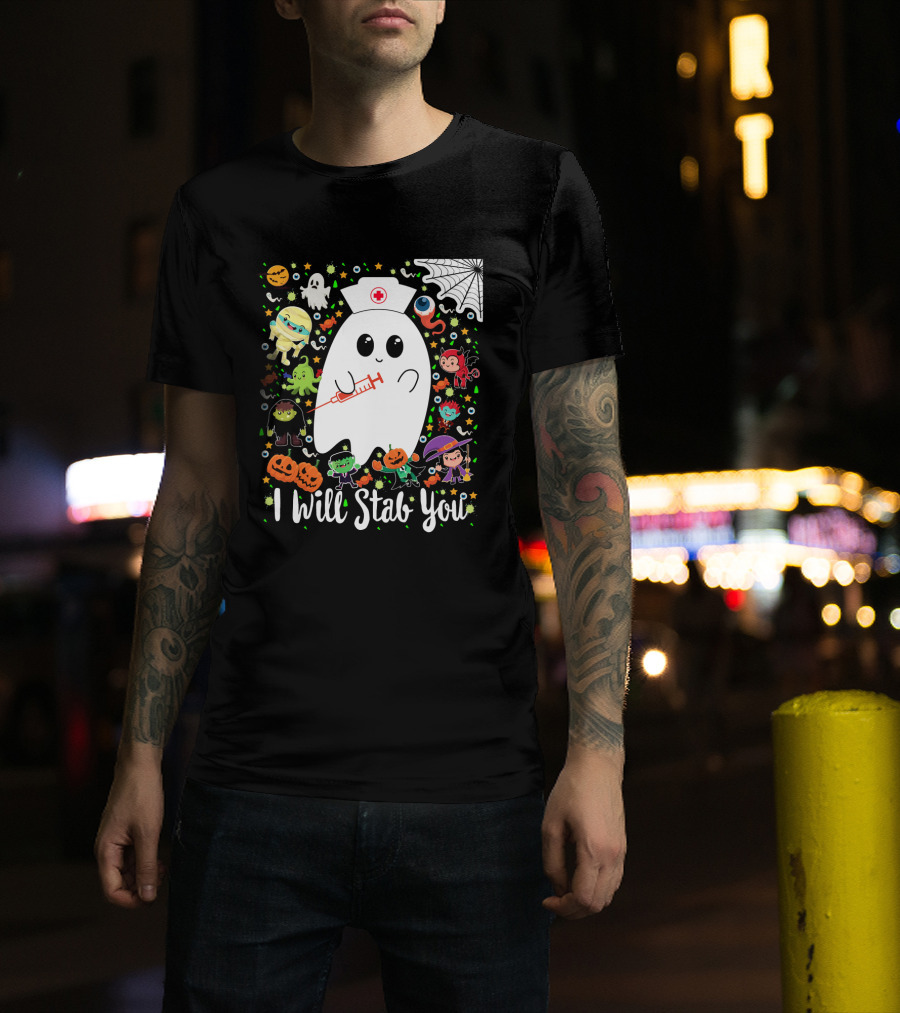 I Will Stab You Funny Halloween Ghost Nurse With Syringe Surrounded By Monsters Pumpkins And Web T-Shirt