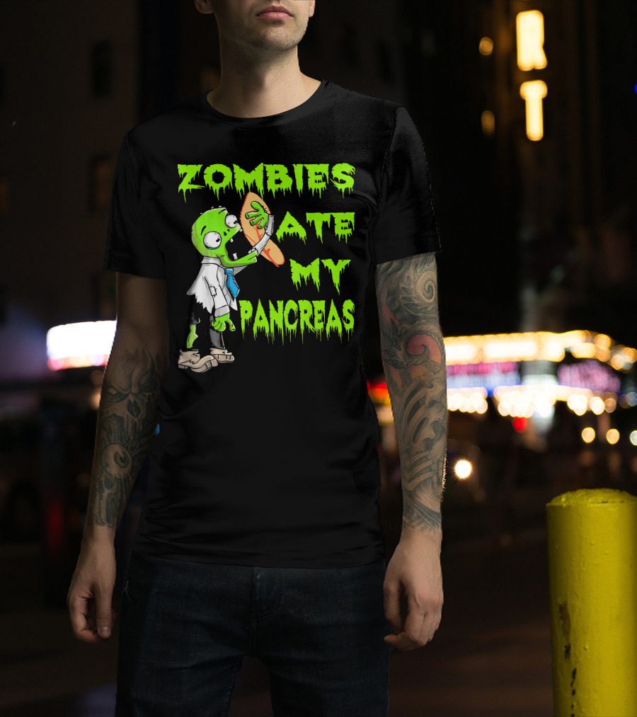 Zombies Ate My Pancreas Diabetes Awareness Cartoon Zombie Holding Organ T-Shirt