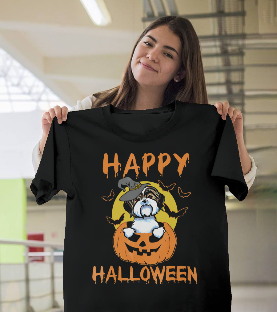 Happy Halloween Shih Tzu Pumpkin With Witch Hat and Bats T-Shirt