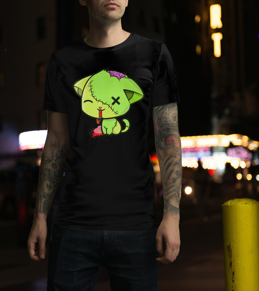 Cute Zombkitty Green Zombie Kitten Neon Brain T-Shirt