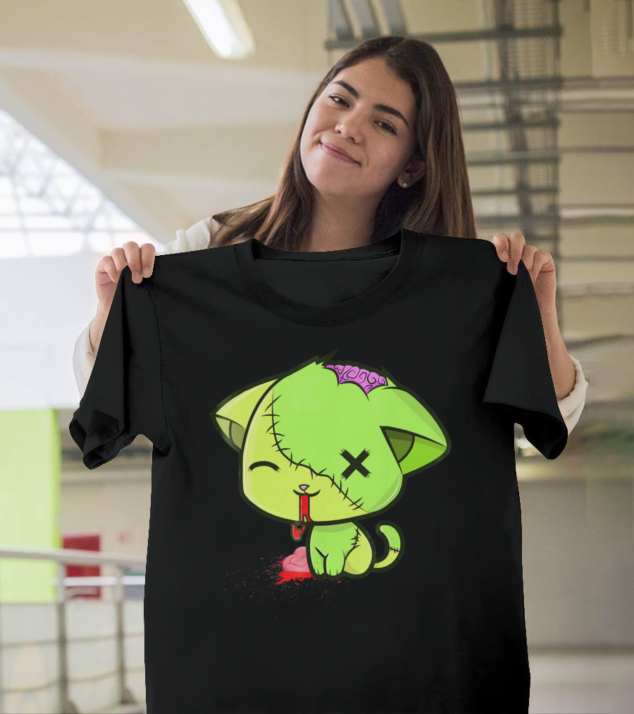 Cute Zombkitty Green Zombie Kitten Neon Brain T-Shirt