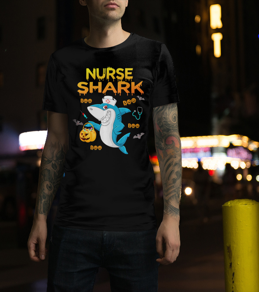 Nurse Shark Halloween Boo Pumpkin Bats Stethoscope T-Shirt