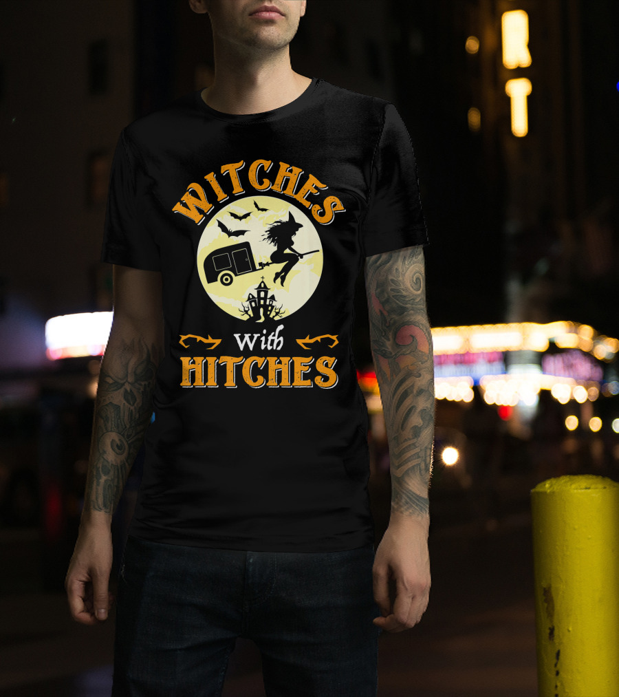 Witches With Hitches Halloween Camper Moon Bats And Witch Hat Broomstick T-Shirt
