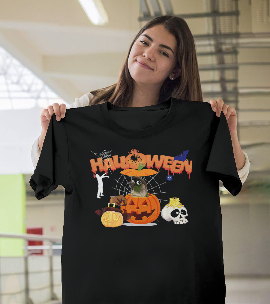 Halloween Green Cheek Conure Pumpkin Witch Zombie Skull Spiderweb T-Shirt