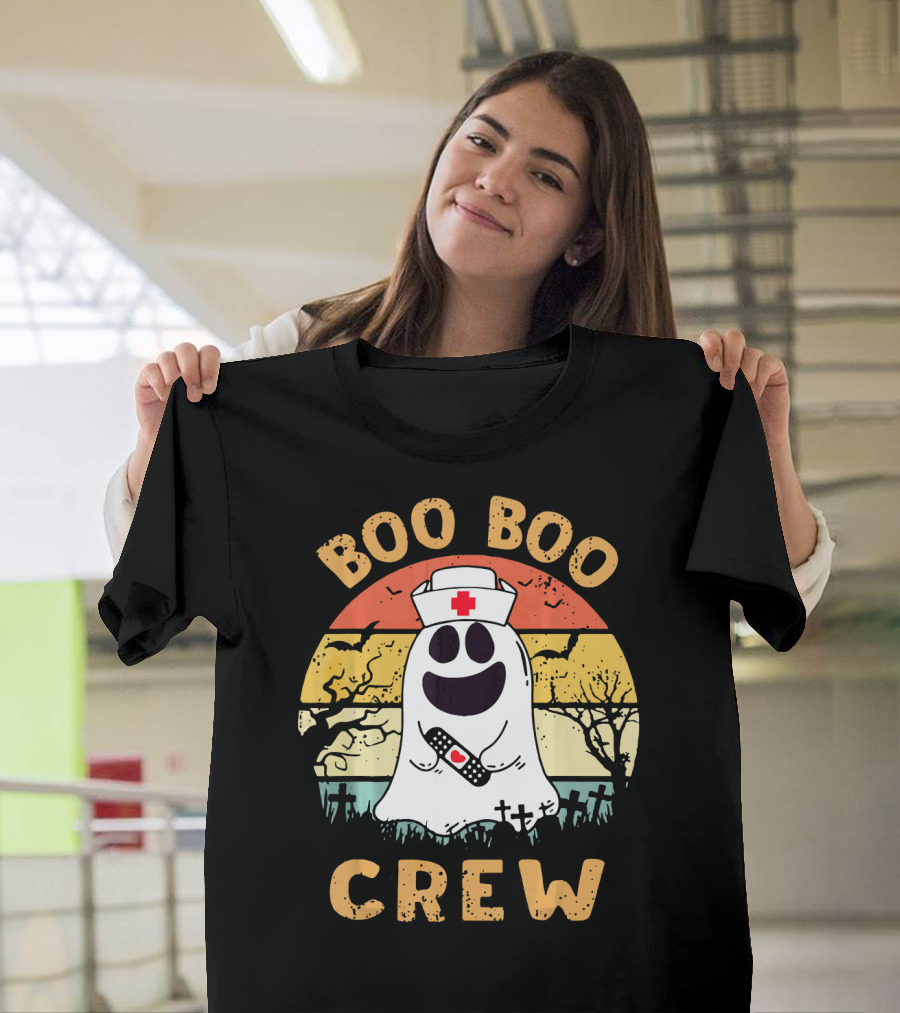 Vintage Halloween Boo Boo Crew Ghost Nurse With Bandage T-Shirt