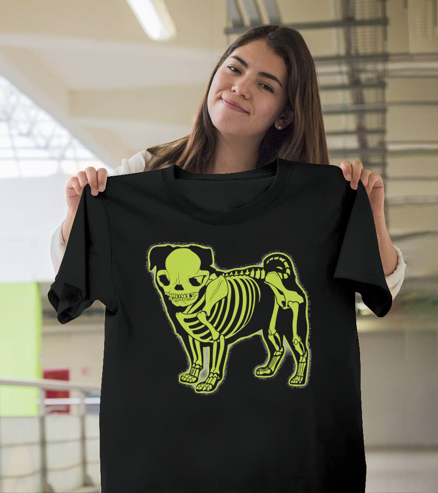 Pug Skeleton Neon Glow Canine Bones T-Shirt