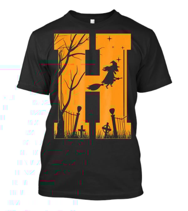 Letter H Halloween Witch Graveyard Scene T-Shirt