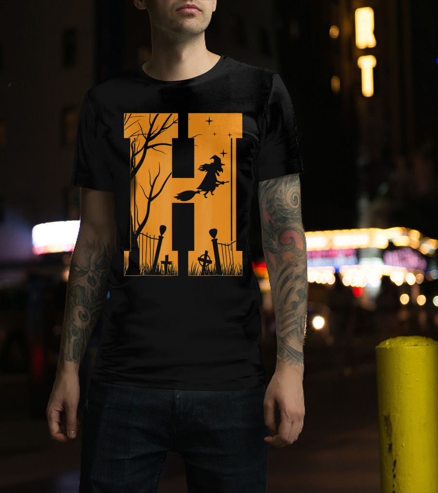 Letter H Halloween Witch Graveyard Scene T-Shirt