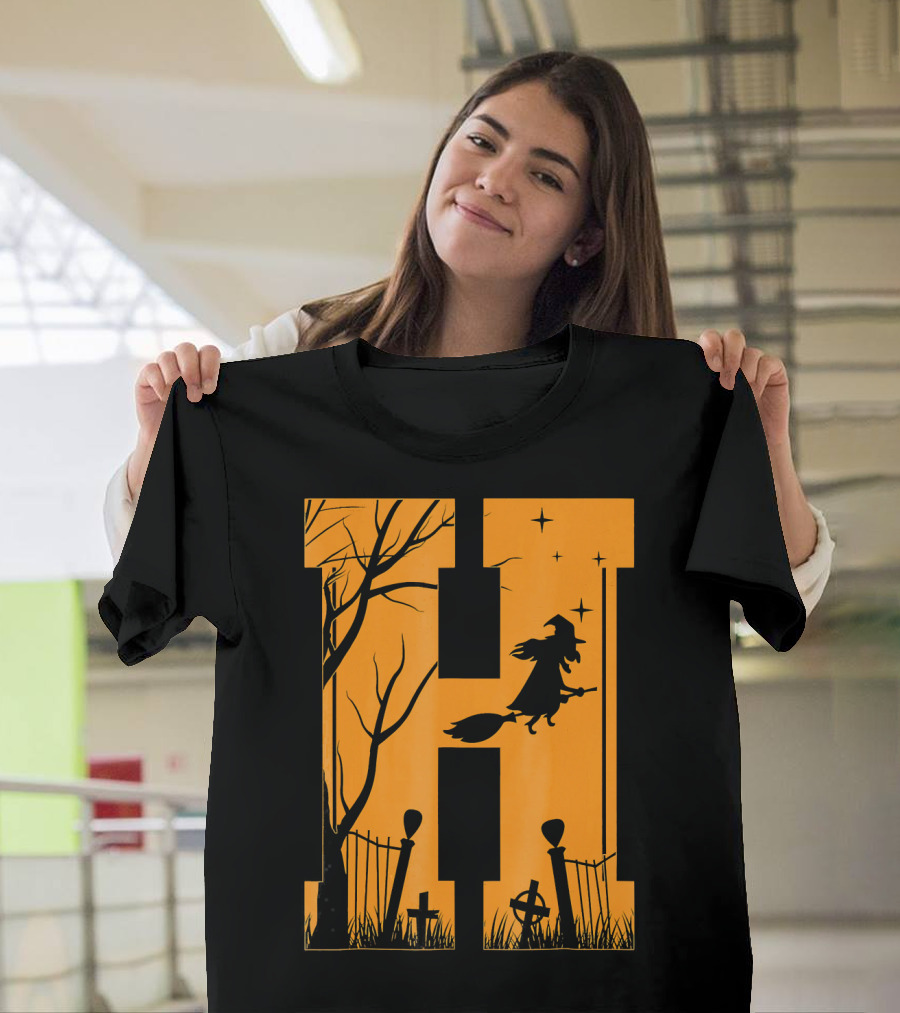 Letter H Halloween Witch Graveyard Scene T-Shirt
