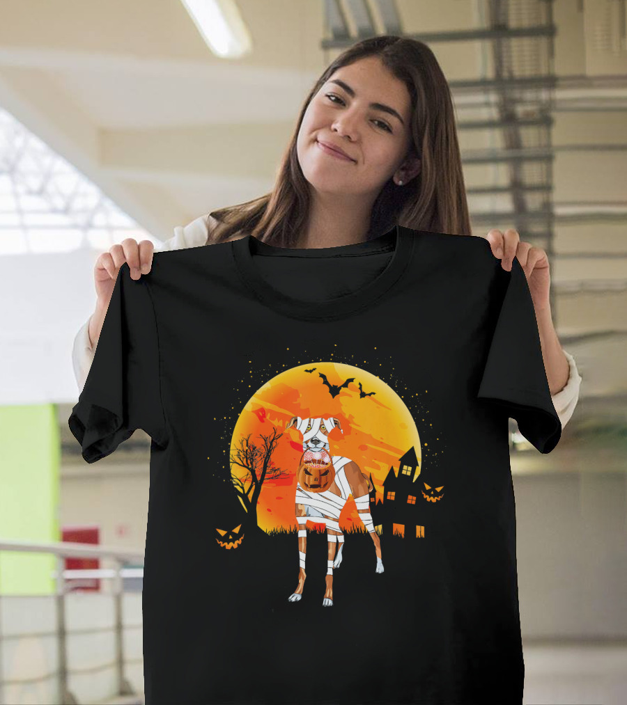 Greyhound Boo Halloween Dog Mummy With Pumpkin Against Full Moon And Haunted House T-Shirt