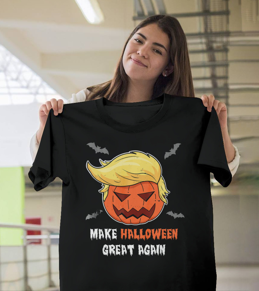 Make Halloween Great Again Trumpkin Pumpkin Head with Blonde Hair and Bats T-Shirt